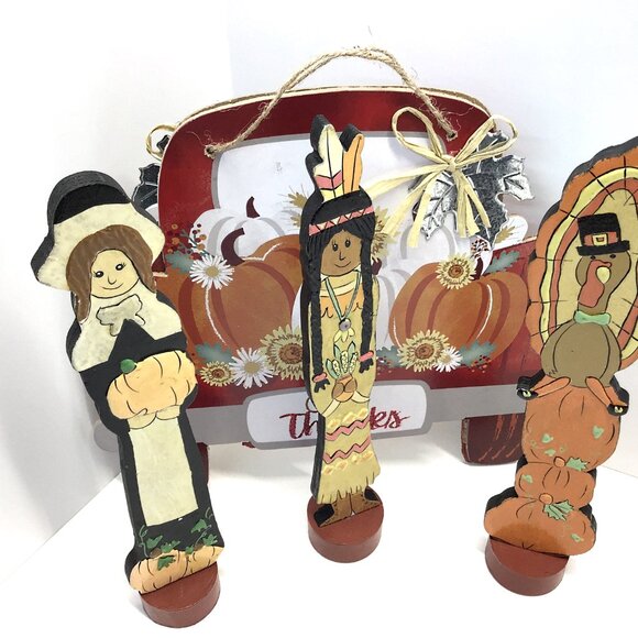 Vintage Lot Of 4 Slender Pilgrims & Native American Thanksgiving Fall Figurines - Picture 8 of 8